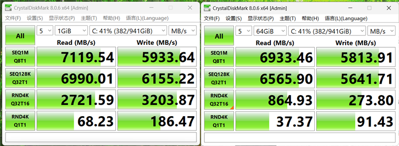 CrystalDiskMark NVMe SSD 测速结果 - 顺序读取7100MB/s